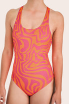 Reversible Sporty Swimsuit - Orange / Pink Waves - SEASICK SWIM